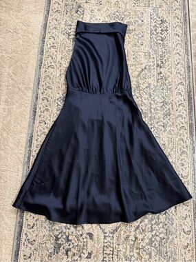 stradivarius halter neck Satin Midi Dress in Navy